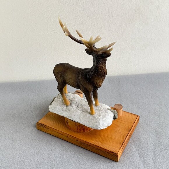 Hand-Painted Resin Deer Figurine 11" Antler Detail, Stone Accent, Wooden Base - Picture 5 of 13